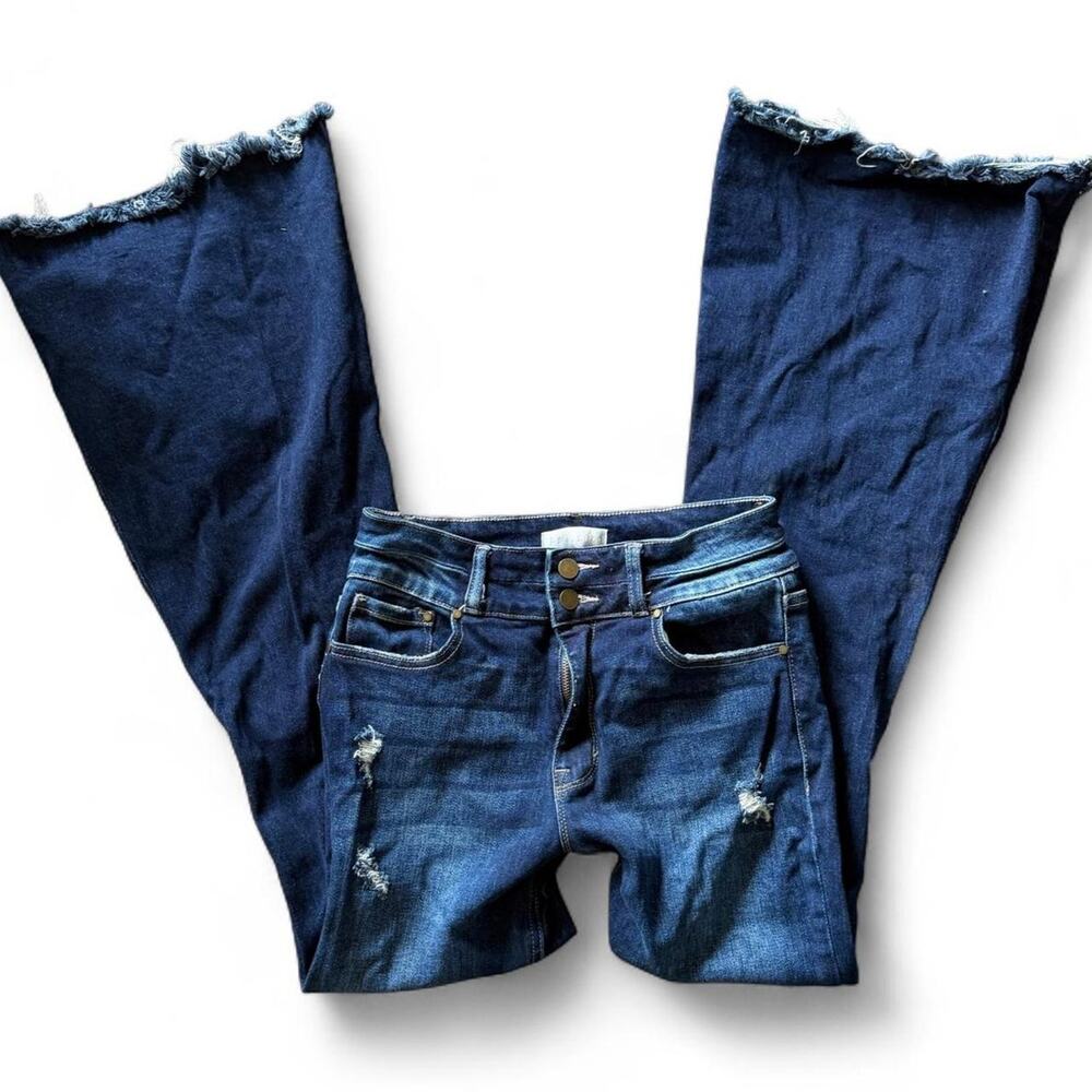Petra 153 2000s Style Double Button Dark Wash Distressed Flare Jeans Size 9/28